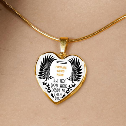 Personalized Memorial Heart Necklace You Walk Beside Me Everyday Angel Wings For Mom Dad Grandma Daughter Son Custom Memorial Gift M164