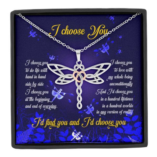 Family Interlocking Heart Necklace I Choose You Gift For Wife Girlfriend Dragonfly Necklace Blue F35