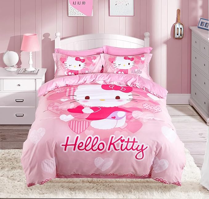 Hello Kitty Bedding Set Cute Hello Kitty Heart Pattern Duvet Covers Pink Unique Gift