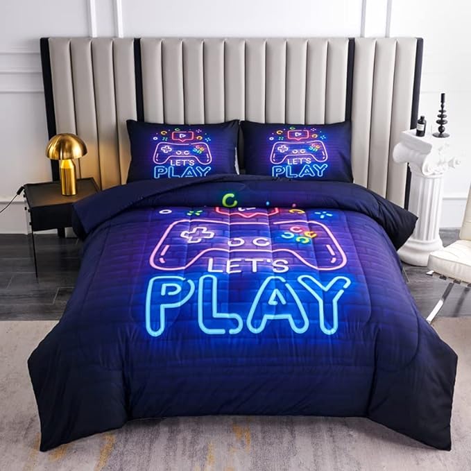 Game Bedding Set Let's Play Game Console Neon Light Duvet Covers Blue Unique Gift