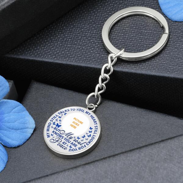 Custom Memorial Circle Keychain With Picture For Lost Loved Ones My Mind Still Talks Keychain White M470A