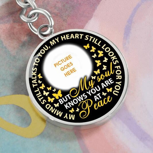 Custom Memorial Circle Keychain With Picture For Lost Loved Ones My Mind Still Talks Keychain Black M470B