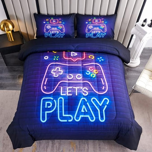 Game Bedding Set Let's Play Game Console Neon Light Duvet Covers Blue Unique Gift