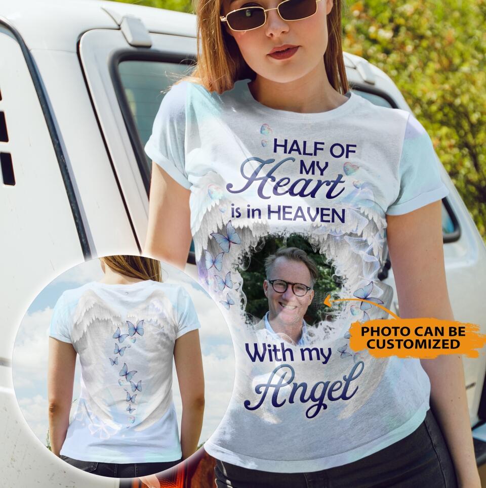 Personalized Memorial Shirt Half Of My Heart Is In Heaven For Dad,Mom, Family Custom Memorial Gift M596