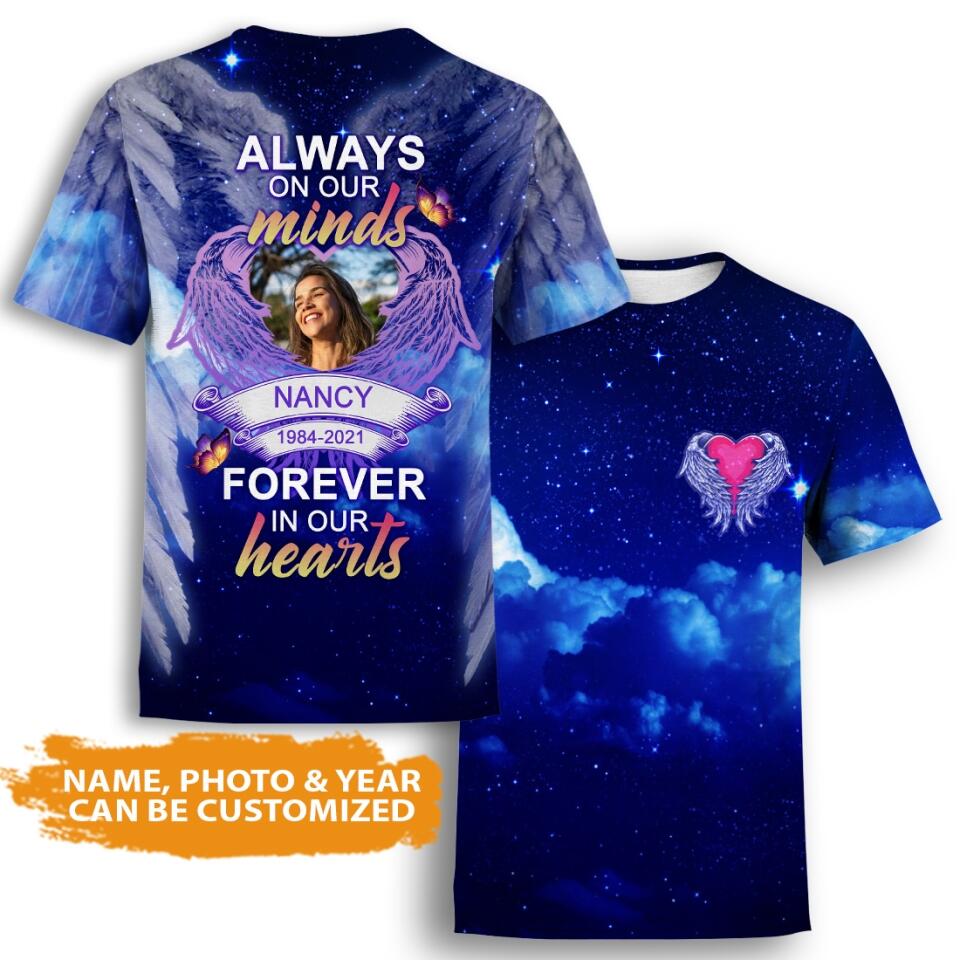 Personalized Memorial Shirt Always On Our Minds Forever In Our Hearts Blue For Dad Mom Family Custom Memorial Gift M598A