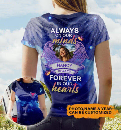 Personalized Memorial Shirt Always On Our Minds Forever In Our Hearts Blue For Dad Mom Family Custom Memorial Gift M598A