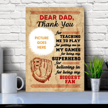 Personalized Dad Portrait Canvas Dear Dad Biggest Fan Baseball Form Daughter Son Canvas Father Day Gift F165