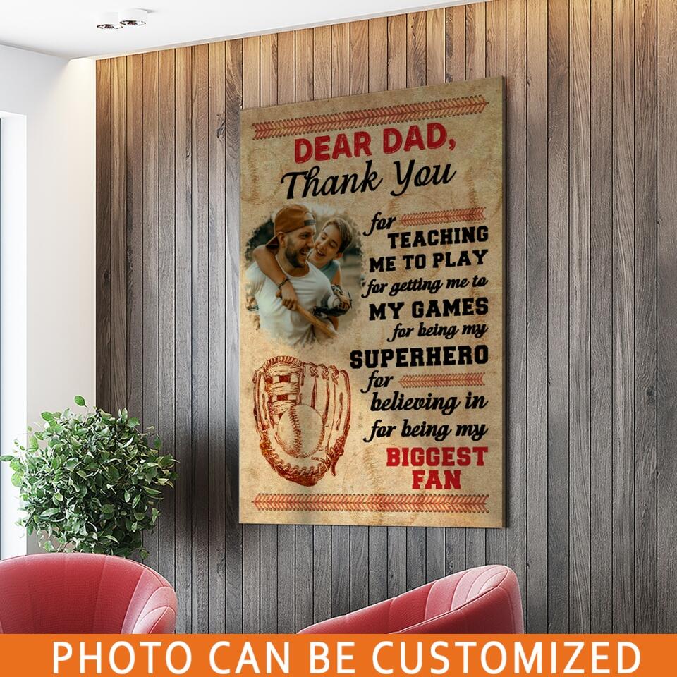 Personalized Dad Portrait Canvas Dear Dad Biggest Fan Baseball Form Daughter Son Canvas Father Day Gift F165