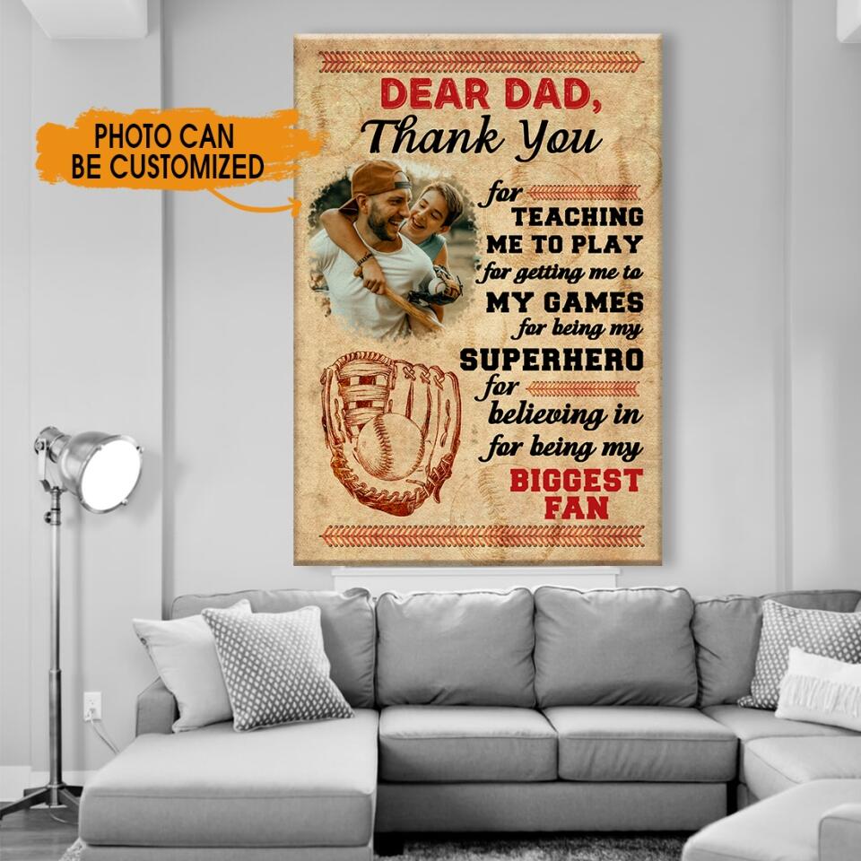 Personalized Dad Portrait Canvas Dear Dad Biggest Fan Baseball Form Daughter Son Canvas Father Day Gift F165