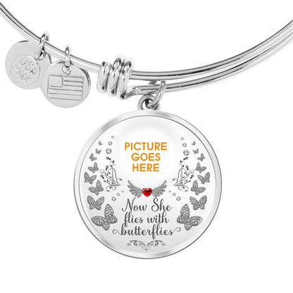 Custom Memorial Circle Bangle For Lost Loved Ones Now She Flies With Butterflies Circle Bangle White M103