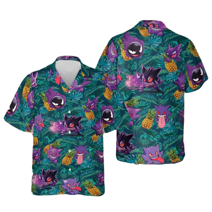 PKM Hawaii Shirt Gengar Ghost PKM Pineapples Pattern Aloha Shirt Green Unisex