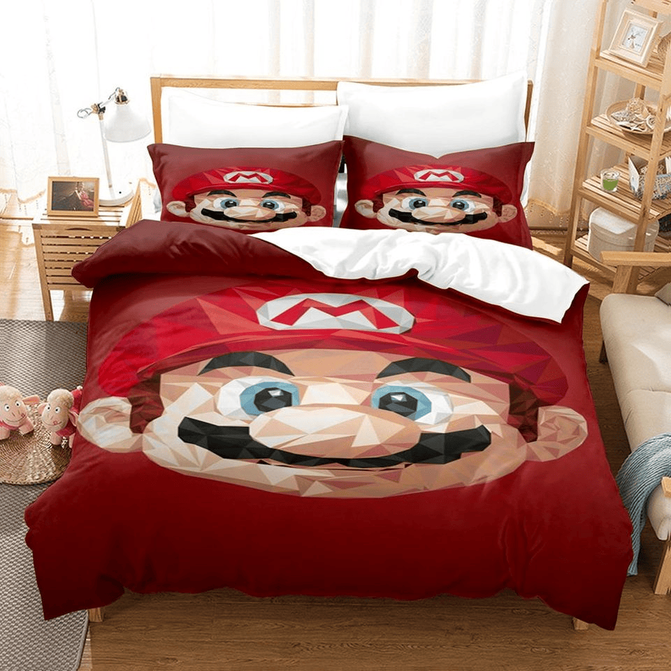 Mario Bedding Set Super Mario In Geometric Art Duvet Covers Red Unique Gift