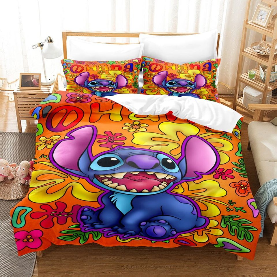 Lilo And Stitch Bedding Set Stitch Ohana Flowers Pattern Duvet Covers Colorful Unique Gift