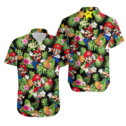 Mario Hawaii Shirt Mario Tropical Pineapples Pattern Aloha Shirt Colorful Unisex