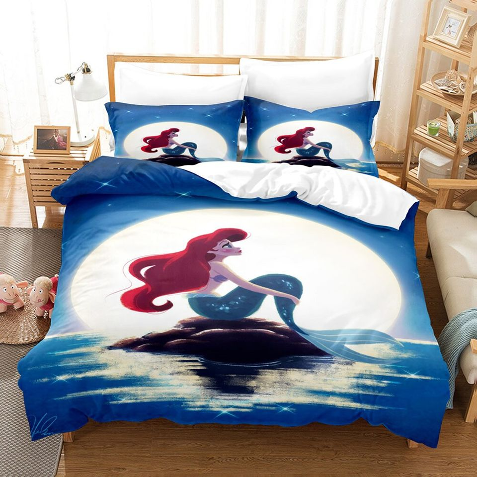 Little Mermaid Bedding Set DN Princess Ariel Under Moonlight Duvet Covers Blue Unique Gift