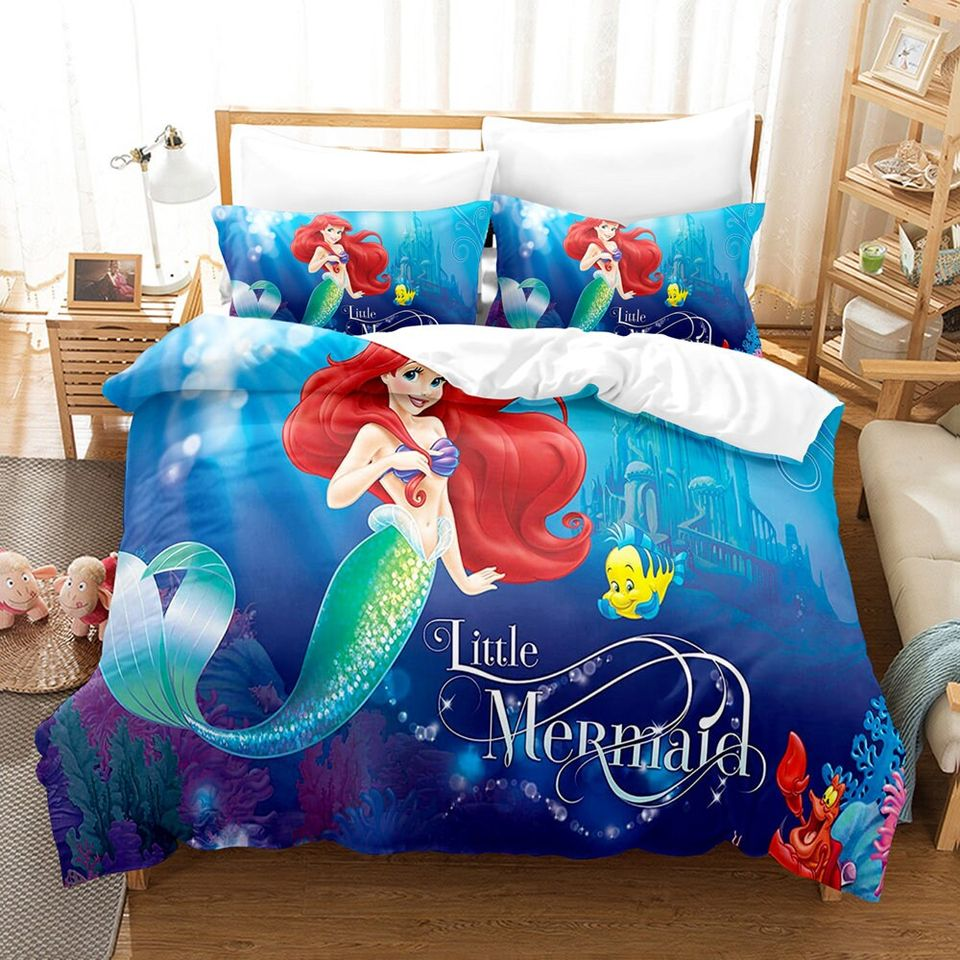 Little Mermaid Bedding Set DN Princess Ariel And Flounder Duvet Covers Blue Unique Gift