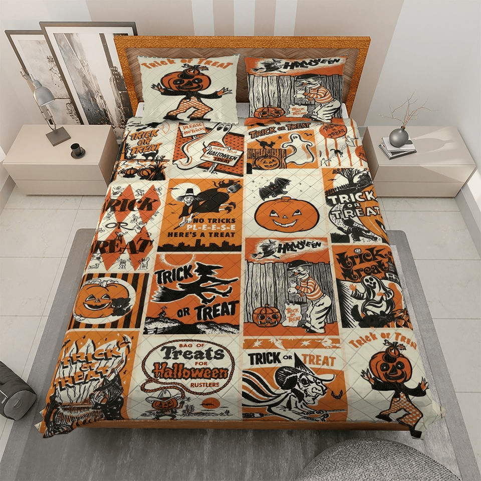 Halloween Bedding Set Retro Vintage Spooky Season Halloween Duvet Covers Orange White Unique Gift