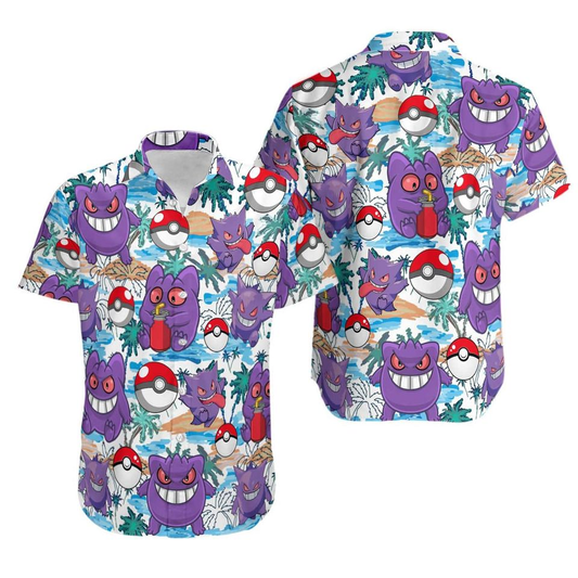 PKM Hawaii Shirt PKM Gengar Ghost Pokeball Pattern Aloha Shirt Colorful Unisex