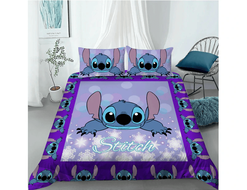 Lilo And Stitch Bedding Set Stitch Graphic Snowflakes Pattern Duvet Covers Purple Unique Gift