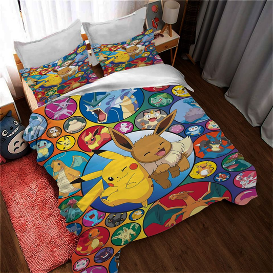 PKM Bedding Set Pikachu Eevee And Other PKM Inside Circles Duvet Covers Colorful Unique Gift