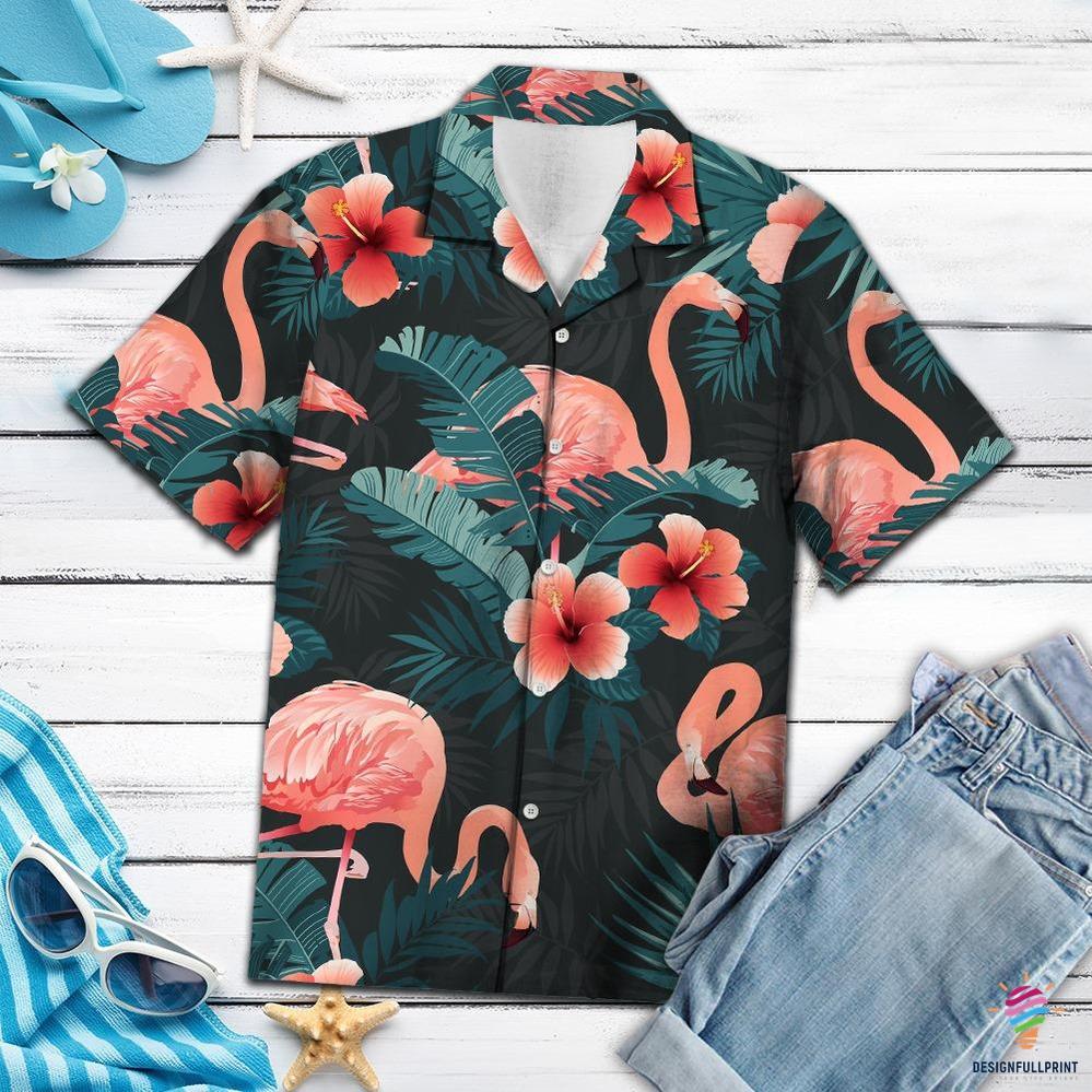 Unifinz Flamingo Hawaii Shirt Orange Flamingo Dark Green Tropical Hawaiian Shirt Flamingo Aloha Shirt 2022