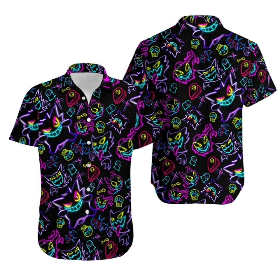 PKM Hawaii Shirt Gengar Ghost Neon Light Pattern Aloha Shirt Black Unisex