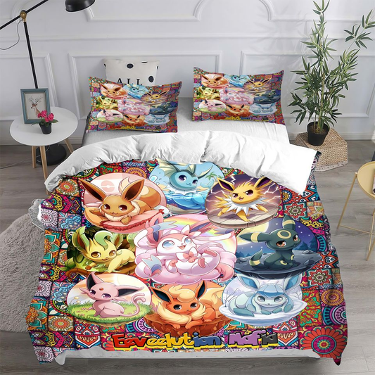 PKM Bedding Set EeveeLution Mafia Flowers Pattern Duvet Covers Colorful Unique Gift