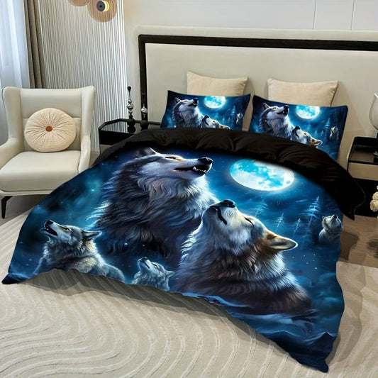 Wolf Bedding Set Wolves Howling In The Moon Duvet Covers Blue Unique Gift