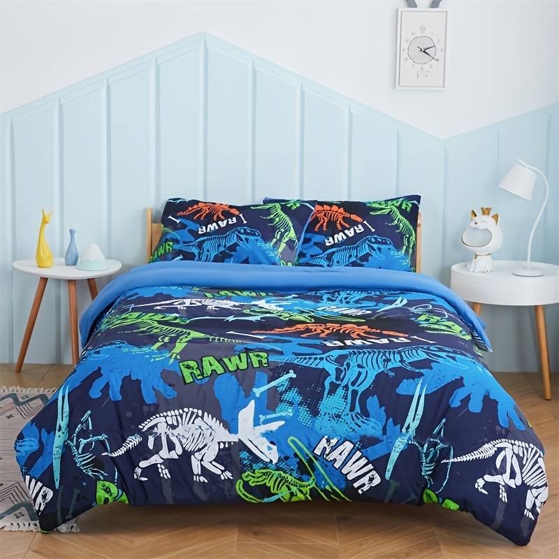 Dinosaur Bedding Set Rawr Dinosaur Fossil Graphic Duvet Covers Blue Unique Gift