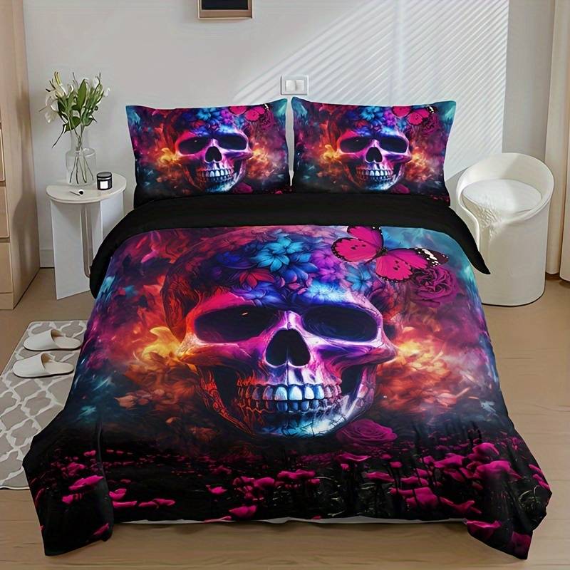 Skull Bedding Set Galaxy Flower Skull Graphic Duvet Covers Colorful Unique Gift