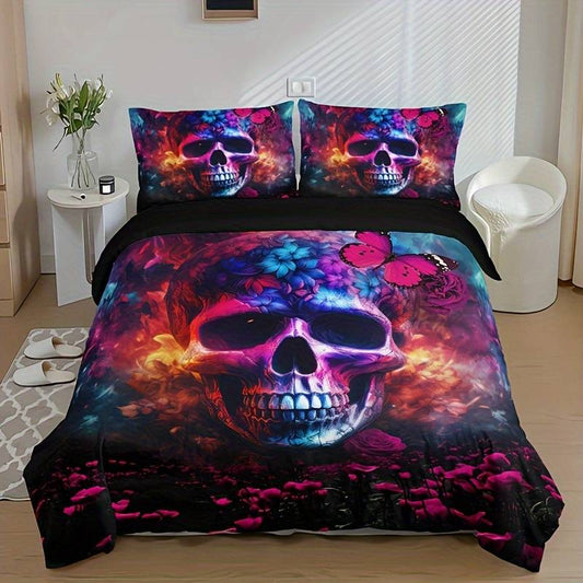 Skull Bedding Set Galaxy Flower Skull Graphic Duvet Covers Colorful Unique Gift