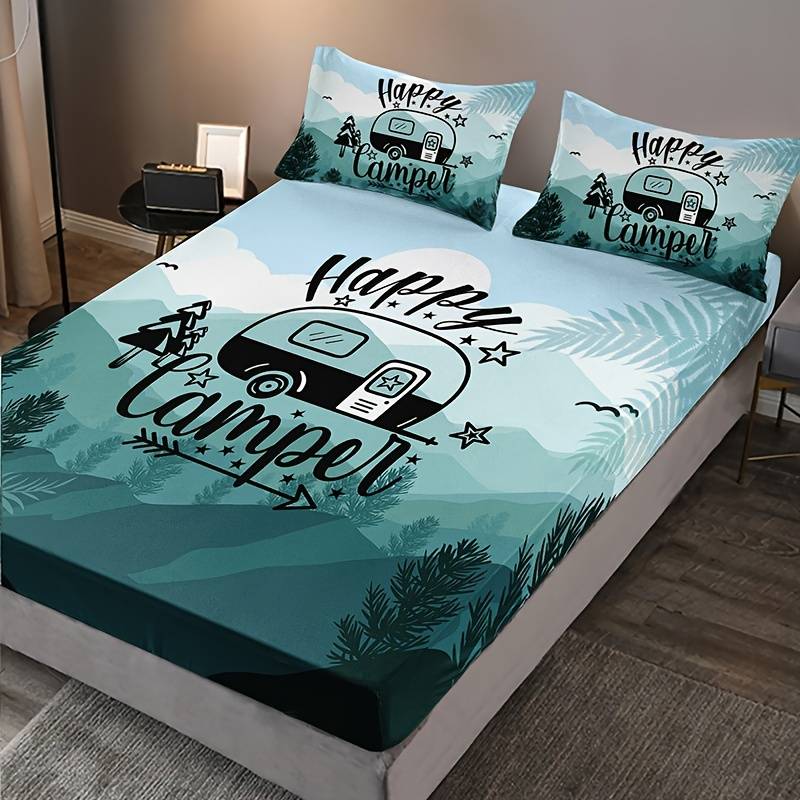 Camping Bedding Set Happy Camper Forest Graphic Duvet Covers Green Unique Gift