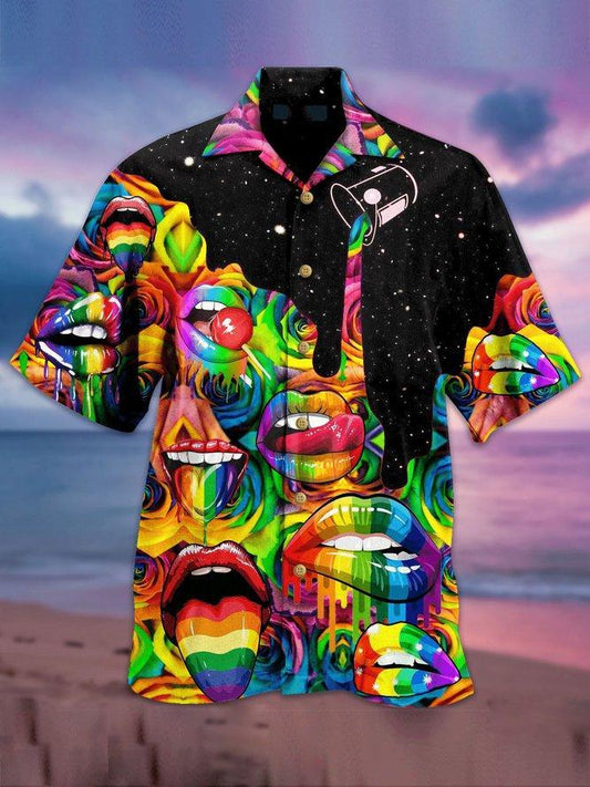 Unifinz LGBT Hawaiian Shirt LGBT Rainbow Color Mouths Candy Graphic Design Hawaii Shirt LGBT Aloha Shirt 2022