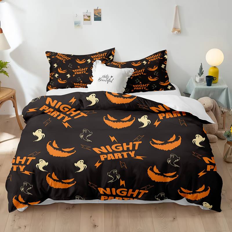 Halloween Bedding Set Halloween Night Party Ghost Face Pattern Duvet Covers Orange Black Unique Gift