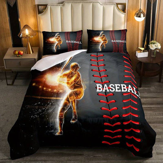 Baseball Bedding Set Baseball Player Fire Stitches Pattern Duvet Covers Black Unique Gift