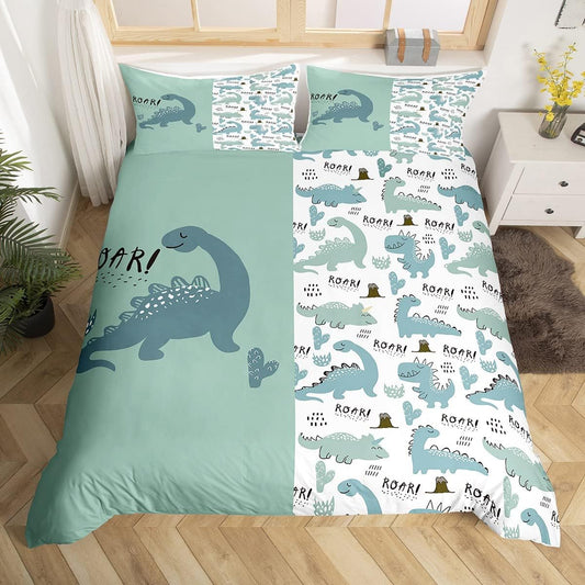 Dinosaur Bedding Set Cute Dino Roar Boho Cactus Duvet Covers Green White Unique Gift