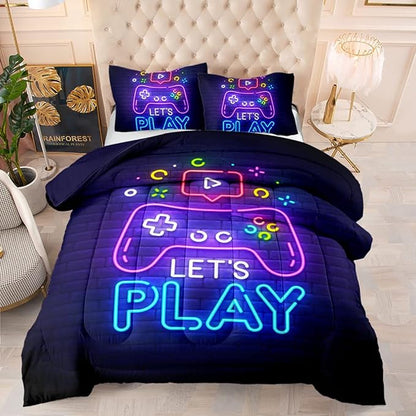 Game Bedding Set Let's Play Game Console Neon Light Duvet Covers Blue Unique Gift