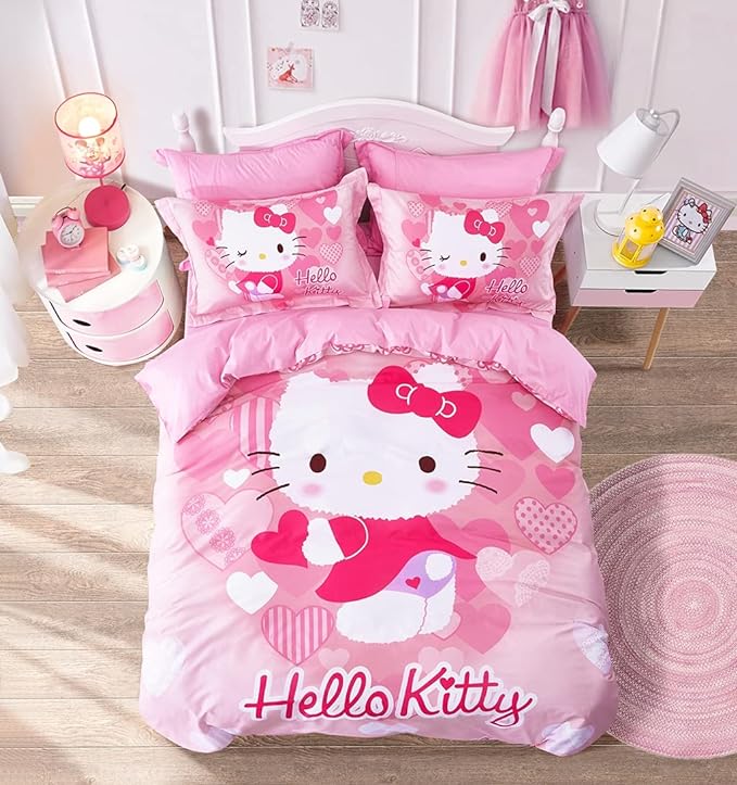 Hello Kitty Bedding Set Cute Hello Kitty Heart Pattern Duvet Covers Pink Unique Gift