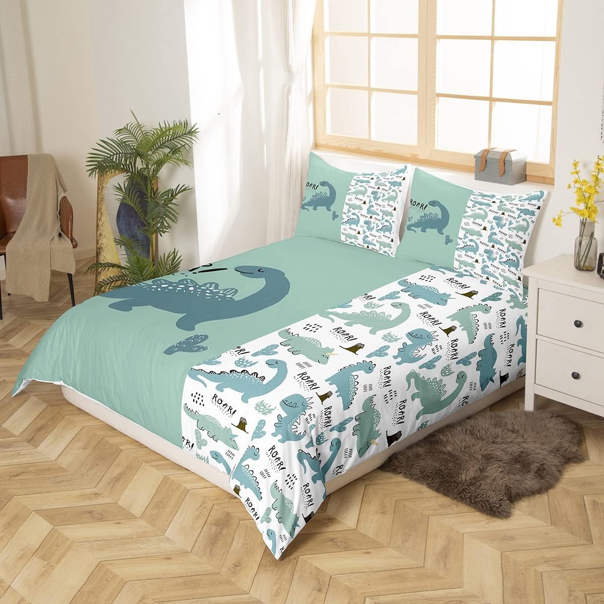 Dinosaur Bedding Set Cute Dino Roar Boho Cactus Duvet Covers Green White Unique Gift