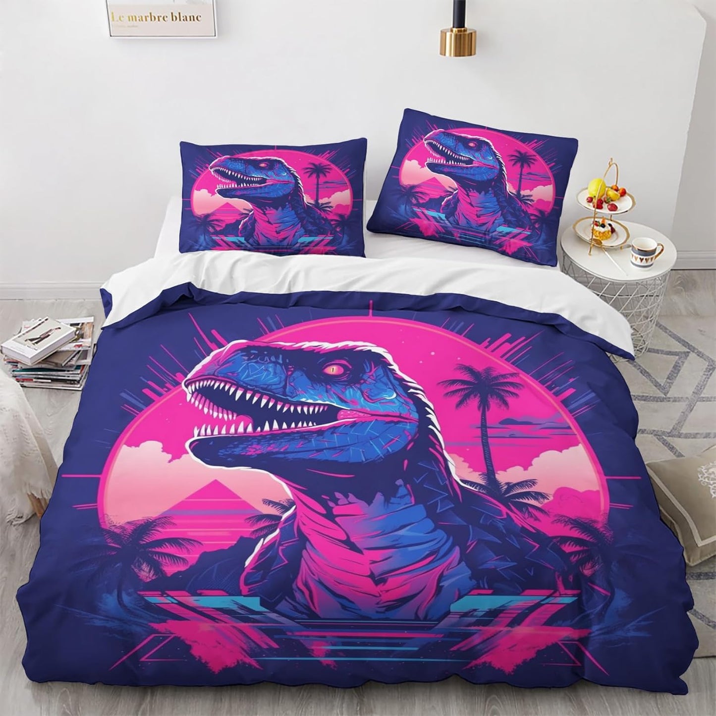 Dinosaur Bedding Set Vintage Retro Sunset T-rex Graphic Duvet Covers Pink Unique Gift