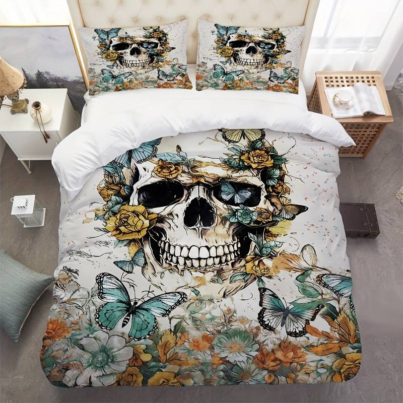 Skull Bedding Set Butterflies Roses With Skull Duvet Covers Colorful Unique Gift