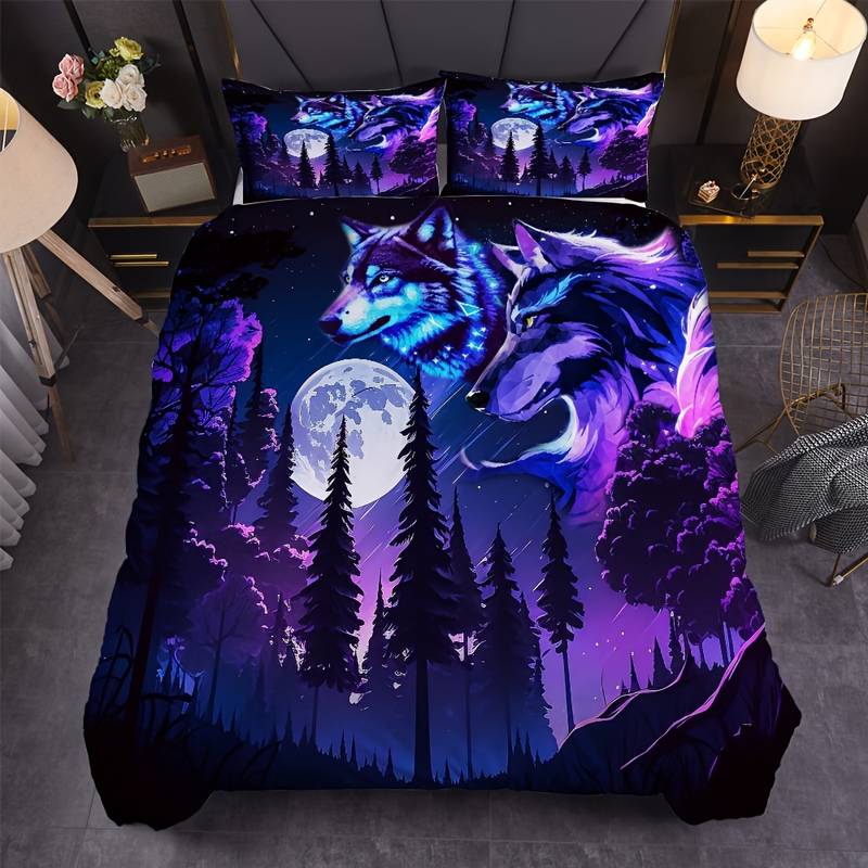 Wolf Bedding Set Starry Sky Forest Wolf Duvet Covers Purple Black Unique Gift