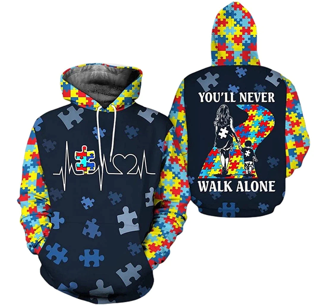 Autism Hoodie You'll Never Walk Alone Puzzle Pieces Pattern Hoodie Colorful Unisex