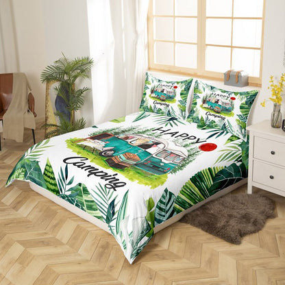 Camping Bedding Set Happy Camping RV Car In Forest Duvet Covers White Green Unique Gift