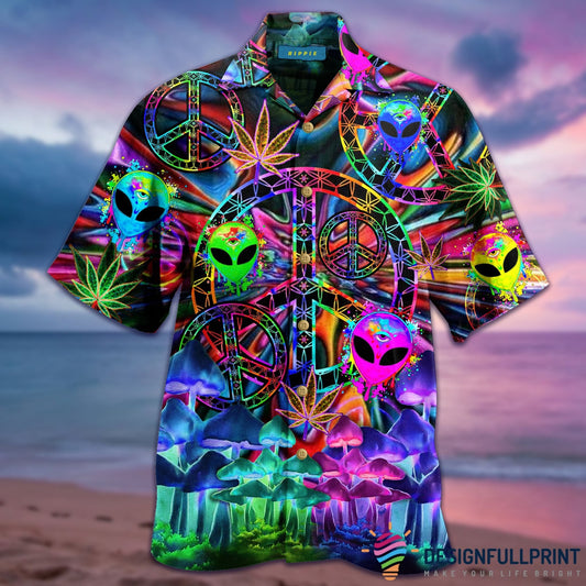 Unifinz Alien Hawaiian Shirt Alien Hippie Style Peace Symbol Hawaii Shirt Alien Aloha Shirt 2022