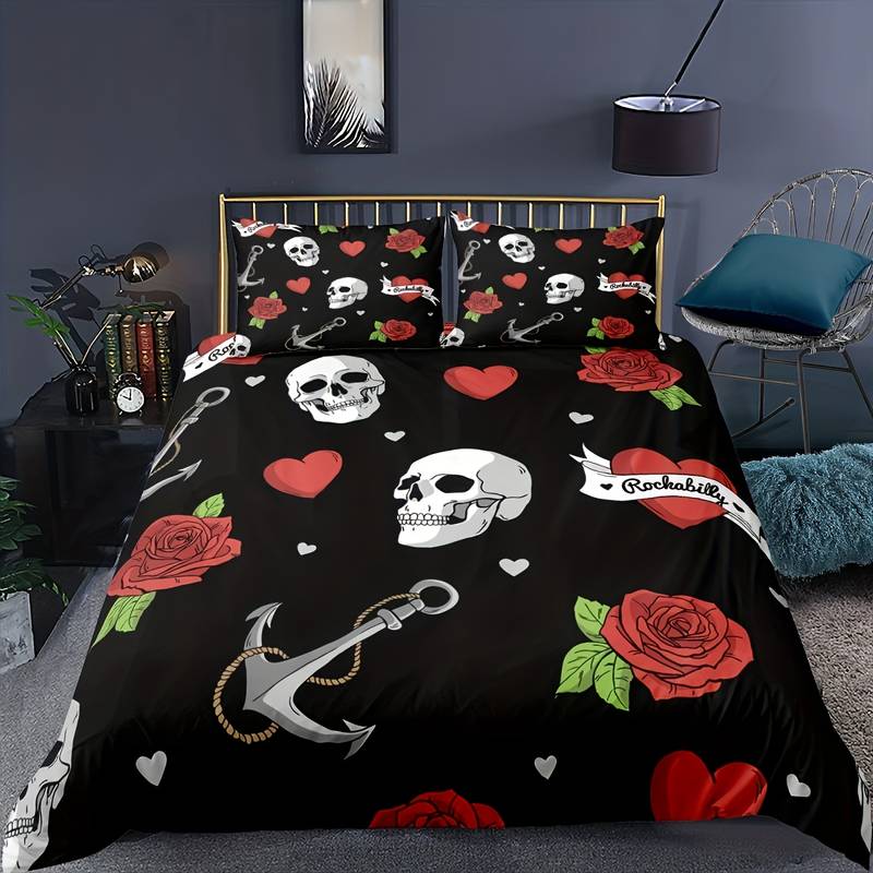 Skull Bedding Set Skull Rockabilly Heart Rose Pattern Duvet Covers Black Red Unique Gift