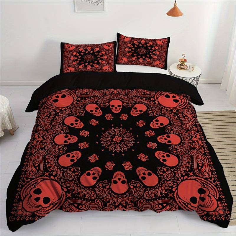 Skull Bedding Set Mandala Style Skull Head Pattern Duvet Covers Red Black Unique Gift