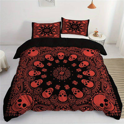 Skull Bedding Set Mandala Style Skull Head Pattern Duvet Covers Red Black Unique Gift