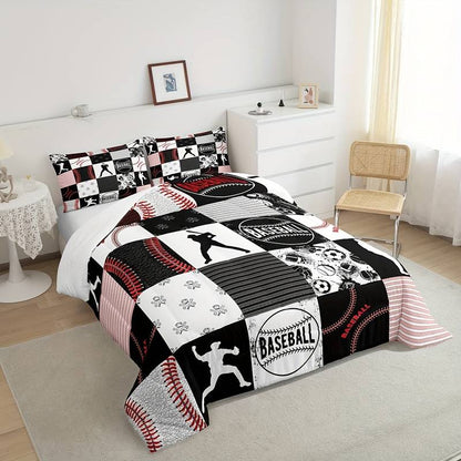 Baseball Bedding Set Baseball Player Poses Pattern Duvet Covers Black White Unique Gift