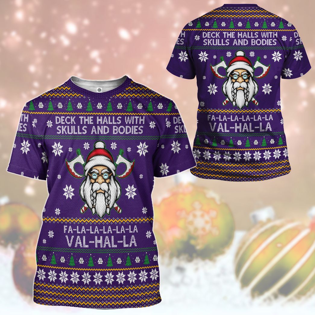  Viking T-shirt Deck The Halls With Skull And Bones Falalalala Valhalla Christmas Pattern Purple T-shirt Hoodie Adult Full Print